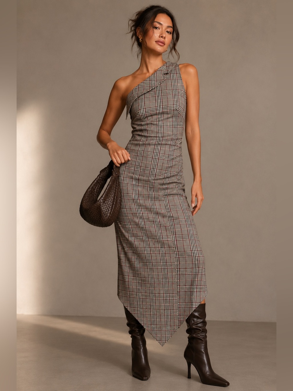 Anthropologie One-Shoulder Plaid Sheath Dress in Gray and Black